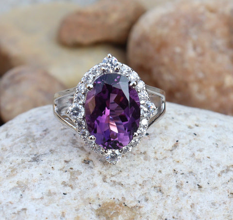 Amethyst and Diamond halo ring